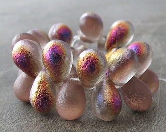 Infernal Etched Czech Glass Bead 9x6mm Teardrop : 25 pc Full Strand Etched Tear Drop Mix