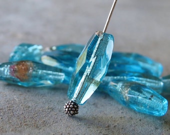 Aqua Aventurine Spaghetti Czech Glass Bead 15mm Long Oval : 10 pc Faceted Blue Gold Bead