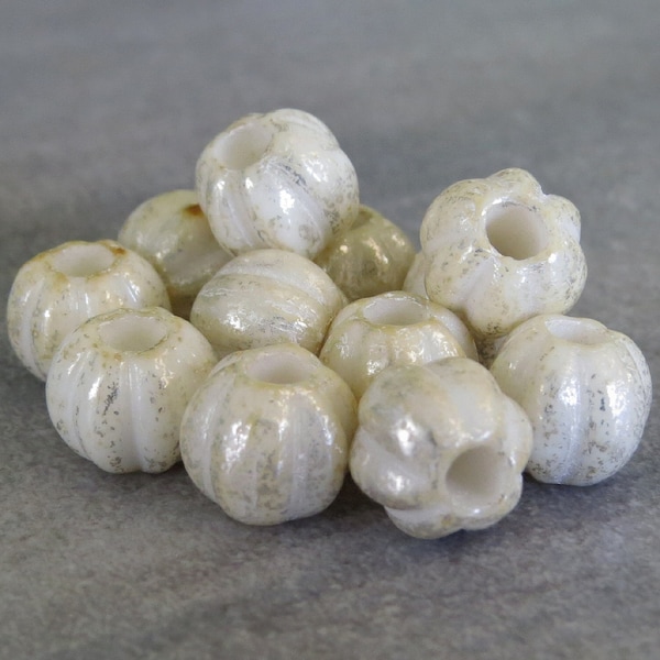 Large Hole 8mm Yellow Ivory Mercury Czech Glass Bead Melon Round : 12 pc Fluted Gold 8mm Bead