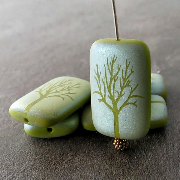 Matte Chartreuse Laser Etched Tree Czech Glass AB Finish Rectangle : 6 pc Gaspeite Laser Etched Bead