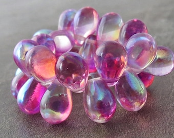Rose Celestial Czech Glass Bead 9x6mm Teardrop : 25 Pc Full Strand