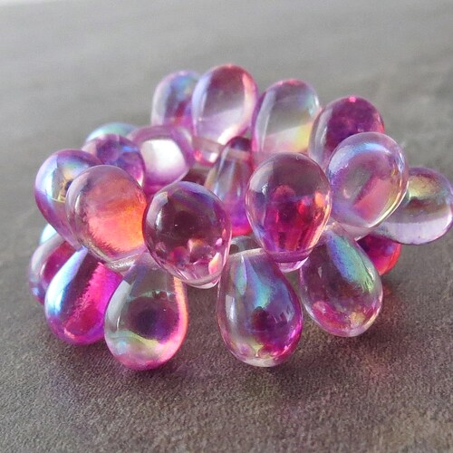 Rose Celestial Czech Glass Bead 9x6mm Teardrop : 25 Pc Full Strand