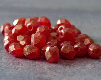 4mm Ruby Sueded Gold Czech Glass Bead Faceted Round: 50 pc Gold Red 4mm Bead