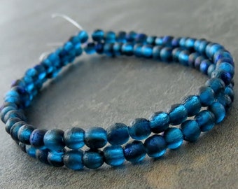 NEW Pacific Blue Etched Metallic Blue 3mm Druk Czech Glass Round Bead :  50 pc 3mm Blue Druk