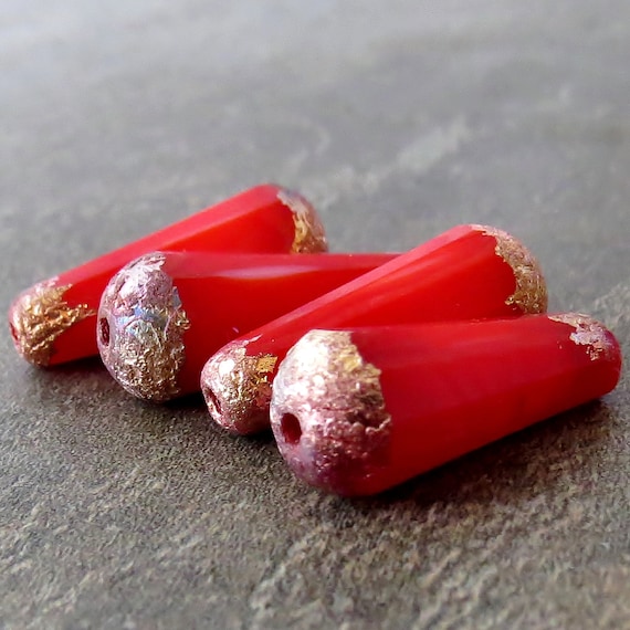 コーラルレッドホワイトエッチング銅20mmファセットチェコガラスティア