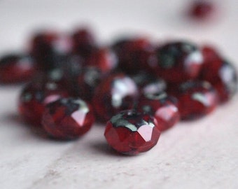 Garnet Opal Picasso Czech Glass Bead 8x6mm Faceted Rondelle : 12 Red 6x8mm Donut Beads