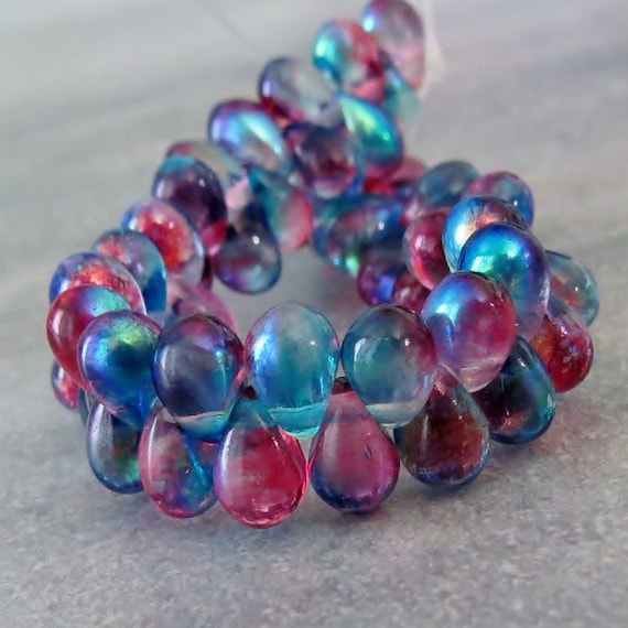 Rainbow Picasso Czech Glass Teardrop Beads 4x6mm 50 beads
