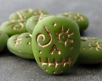 Opaque Olive Gold Wash Skull Bead Czech Glass 16mm : 4 pc Green Skull