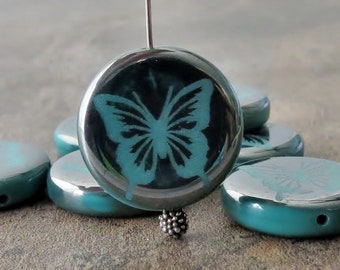 Turquoise Silver Finish Laser Etched Butterfly Czech Glass 17mm Round Coin Bead : 6 pc