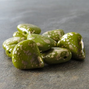 Opaque Olive Green Antique Gold Czech Glass Bead 12mm Drops : 10 pc Briolette