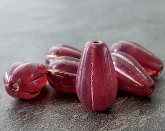 Rosewood Copper Wash 15mm Melon Drop Czech Glass Teardrop Bead : 6 pc Pink Tear Drop
