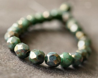 Turquoise Bronze Picasso Czech Glass Bead 6mm Faceted Round : 25 pc 6mm Round Bead