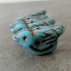 Turquoise Matte Bronze Wash 22mm Czech Glass Birdie Bead :  4 pc Bird Bead