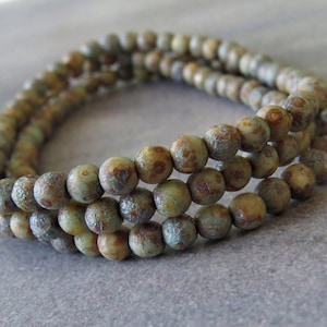 4mm Honey Etched Turquoise Stone Picasso Druk Czech Glass Round Bead : 50 pc Czech 4mm Etched Druk Beads