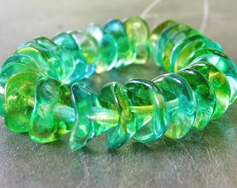 Three Petal Flower Bead Czech Glass 10x12mm Yellow Blue Green : 12 pc Czech Flower Bead