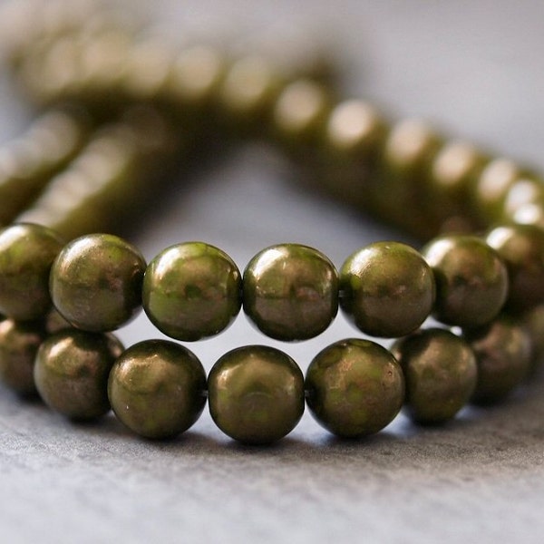 Olive Moon Dust Czech Glass Bead 6mm Round Druk :  LAST 50 pc Full Strand