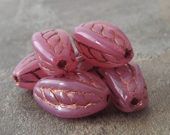 NEW Milky Deep Pink Copper Wash Czech Glass 15x9mm Oval Twist : 6 pc Pink Beads