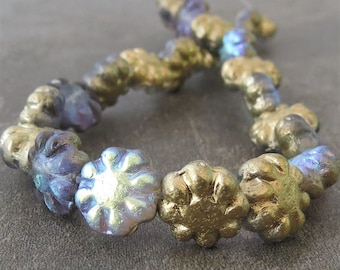 Etched Transparent Gold AB Czech Glass 9mm Flower Beads : 12 pc Blue Gold Cactus Flower