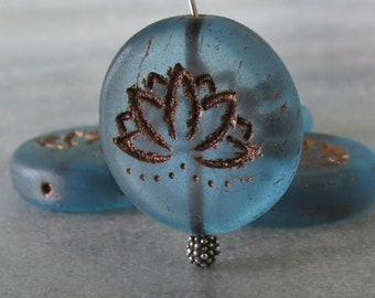 Matte Montana Blue Lotus Flower 18mm Bronze Czech Glass Coin Bead :  4 pc Czech Lotus Flower