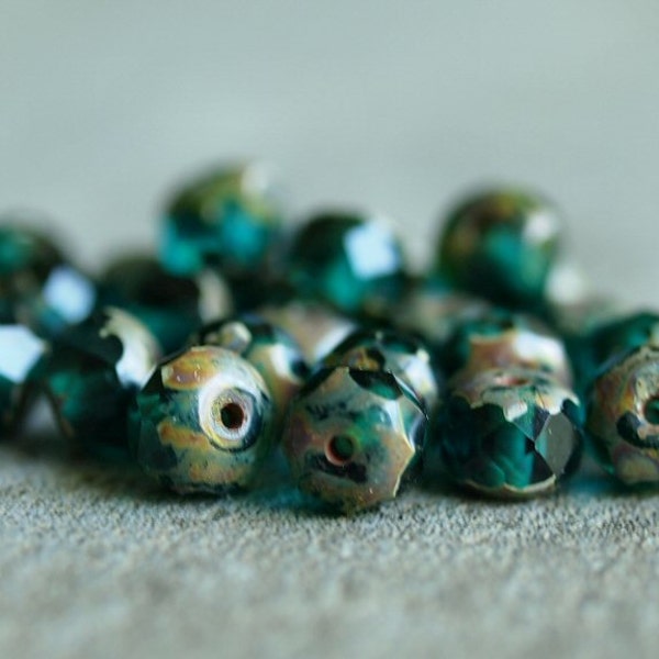 Emerald Picasso Faceted 4x6mm Czech Glass Donut Rondelle Bead : LAST 24 pc Green Rondelle