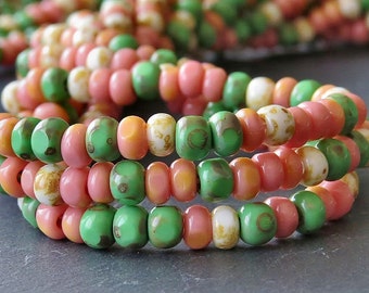 Pink Coral Mix 3 Cut Czech Glass 6/0 Picasso Seed Bead Mix : 1 Ten inch Strand Three Cut Seed Mix