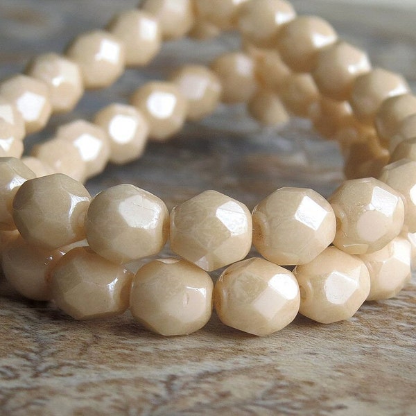 6mm Opaque Champagne Luster Czech Glass Bead Faceted FP Round : 25 pc 6mm Cream Beige Bead