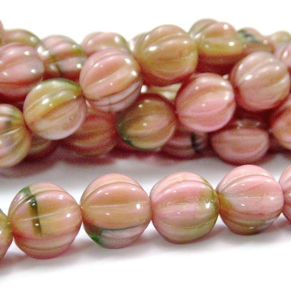 Pink Coral and Olivine 8mm Czech Glass Melon Bead - LAST 25