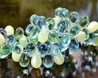 Ocean Breeze 9x6mm Czech Glass Bead Teardrop : Full 25 pc Strand Blue Green Czech Tear Drop Beads