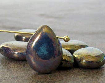 Turquoise Bronze Picasso Czech Glass Bead 12x16mm Pear Shape Drops : 6 pc Turquoise Drop Beads
