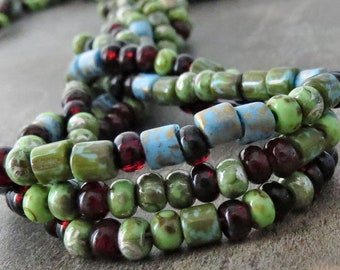 6/0 Gaia Seed Tile Tube Czech Glass Bead Seed Beads : 10 inch Strand Size 6 Green Blue Picasso Aged Seed Bead Mix