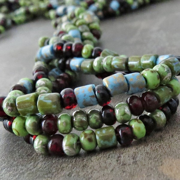 6/0 Gaia Seed Tile Tube Czech Glass Bead Seed Beads : 10 inch Strand Size 6 Green Blue Picasso Aged Seed Bead Mix