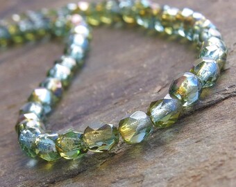 Aqua Celsian Czech Glass Bead 4mm Firepolish  Round : 50 pc Aquamarine 4mm Round