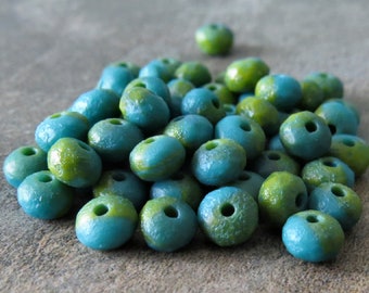 Teal Chartreuse Etched Matte 5x3mm Czech Glass Picasso Faceted Rondelle : 30 pc Full Strand