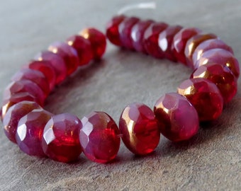 8x6mm Ruby Rose Copper Czech Glass Bead Faceted Rondelle :  12 pc Red Pink Donut Beads