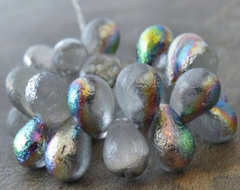 Phantom AB Etched Czech Glass Bead 9x6mm Teardrop : 25 pc Metallic Etched Tear Drop