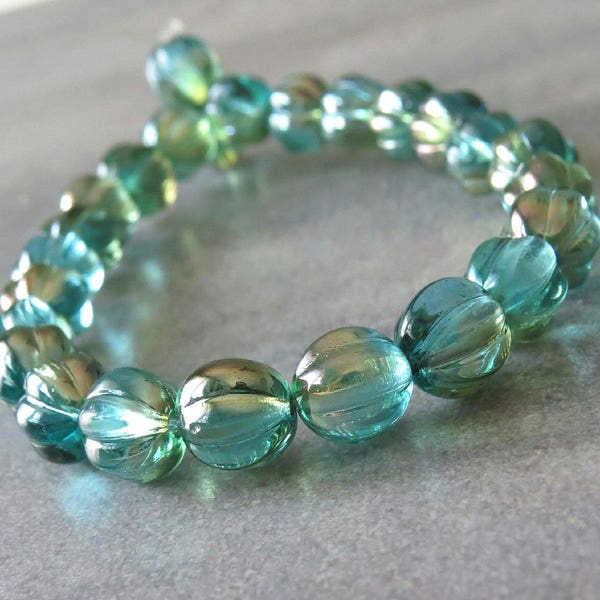 Aquamarine Celsian Czech Bead Glass 8mm Melon Rounds : LAST 25 pc Aqua Blue Melon