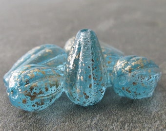 Aqua Melon Drop Czech Glass Antique Gold Wash 13mm Teardrop Bead : 6 pc Blue Tear Drop