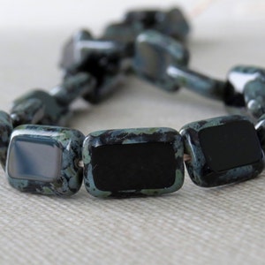 Czech Glass Bead Jet Black Picasso 8x12mm Rectangle : 12 pc Black Rectangle Bead