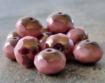 Dusty Rose Bronze 8x6mm Czech Glass Bead Faceted Rondelle :  12 pc Czech Pink 6x8mm Donut Beads