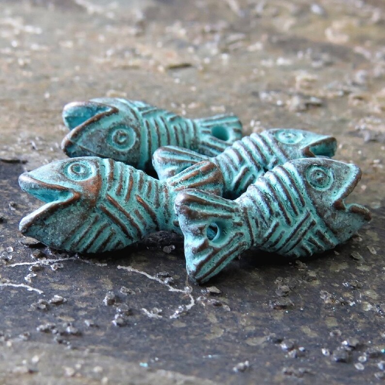 NEW Mykonos Fish Charm Green Patina 16 mm Charm 4 pc Metal Casting Greek Verdigris Fish Cord End