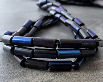 NEW Scarabee Czech Glass Beads 9x4mm Bugle  :  Full Strand Blue Black Wampum