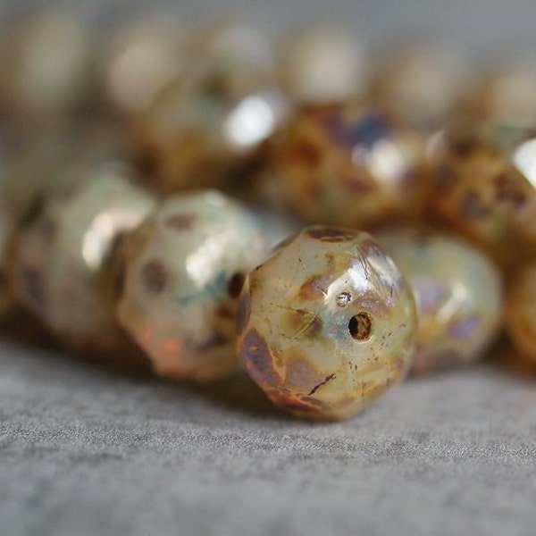 Champagne Gold Luster Picasso 8x6mm Czech Glass Bead Faceted Rondelle : 12 pc Faceted Gold Rondel