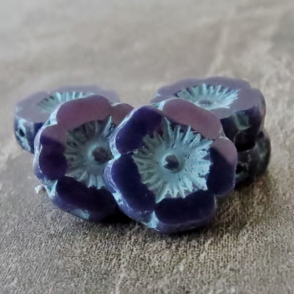 NEW Purple Opal Aqua Wash 12mm Czech Glass Hibiscus Flower : 6 pc Czech Flower Bead