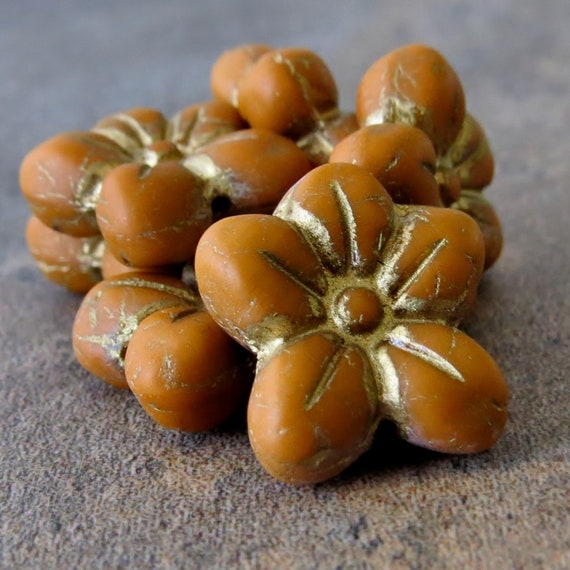 Tiger Lily Czech Glass Bead 14mm Flower Blossom : 6 Pc Orange