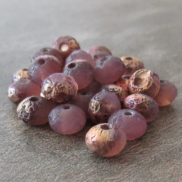 Dusty Rose Etched Copper 5x3mm Czech Glass Beads Faceted Rondelle : Full 30 pc Strand Pink Rondelle