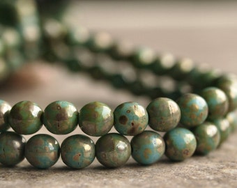 Turquoise Picasso  6mm Czech Glass Round Druk Bead : 30 pc Full Strand