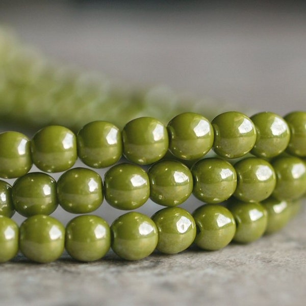 Avocado Green Luster Czech Glass 4mm Round Druk Bead : LAST 50 pc Full Strand 4mm Green Druk