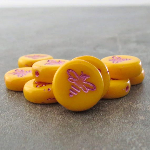 NEW Marigold Yellow Pink Wash Bee Coin Czech Glass 12mm Bead 10
