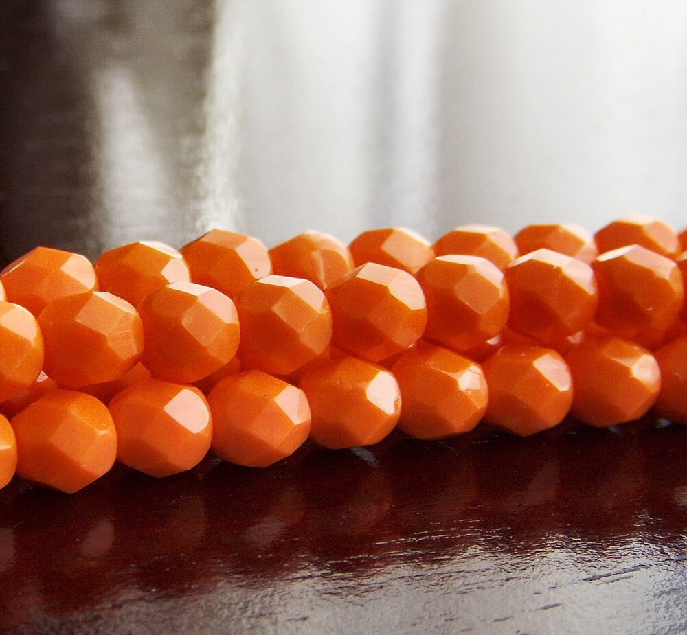 Bright Orange Czech Glass Bead 6mm Faceted Round - 25 pc