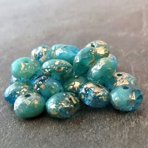 Turquoise Aqua Antique Gold Czech Glass Bead Faceted 7x5mm Rondelle :  Full Strand Blue Rondelle